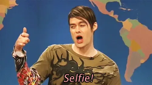 Bill Hader as Stefon on Saturday Night Live's weekend update, with the caption "selfie"