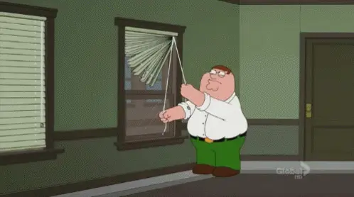 Peter Griffin, from Family Guy, struggling to close a set of blinds