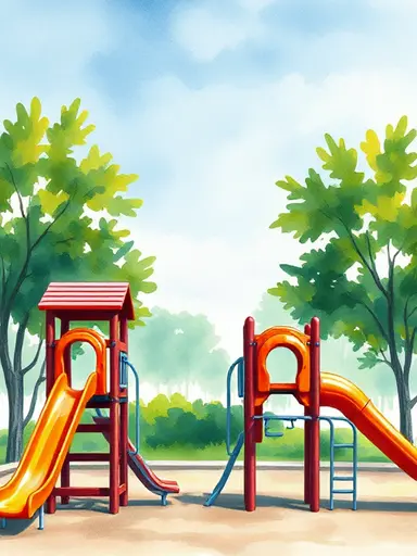 A playground with two slides of roughly the same shape and colour
