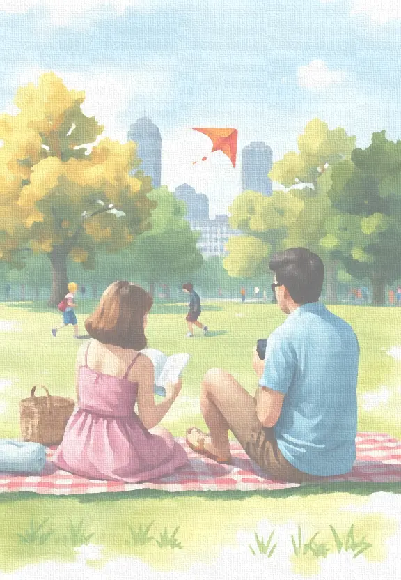 A watercolour with a canvas-like texture of a family in a park. Two parents sit on a gingham blanket, with children playing in the background with a kite. A city skyline can be seen in the distance.