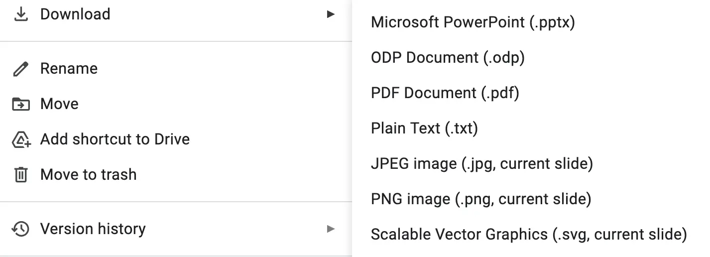 A screenshot of the download options for a Google Slides presentation