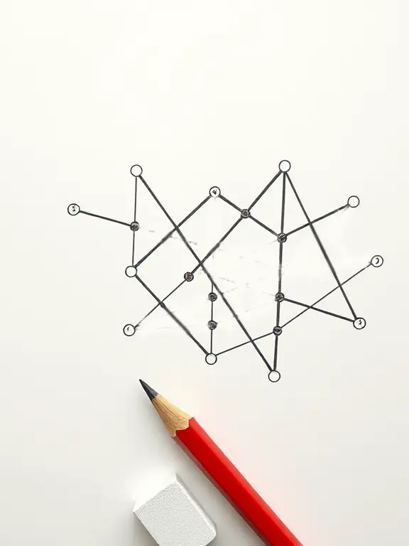 A graph with various edges and nodes, with some edges erased, and a red pencil and white eraser sitting nearby
